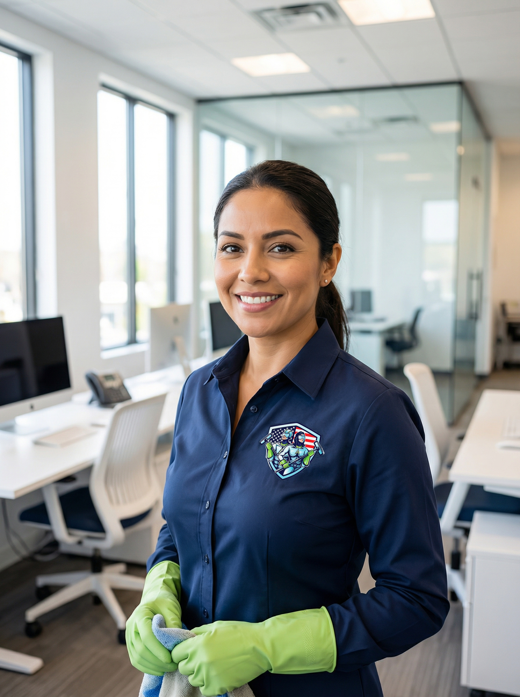 Professional office cleaner in navy uniform with Avengers Cleaning Services logo