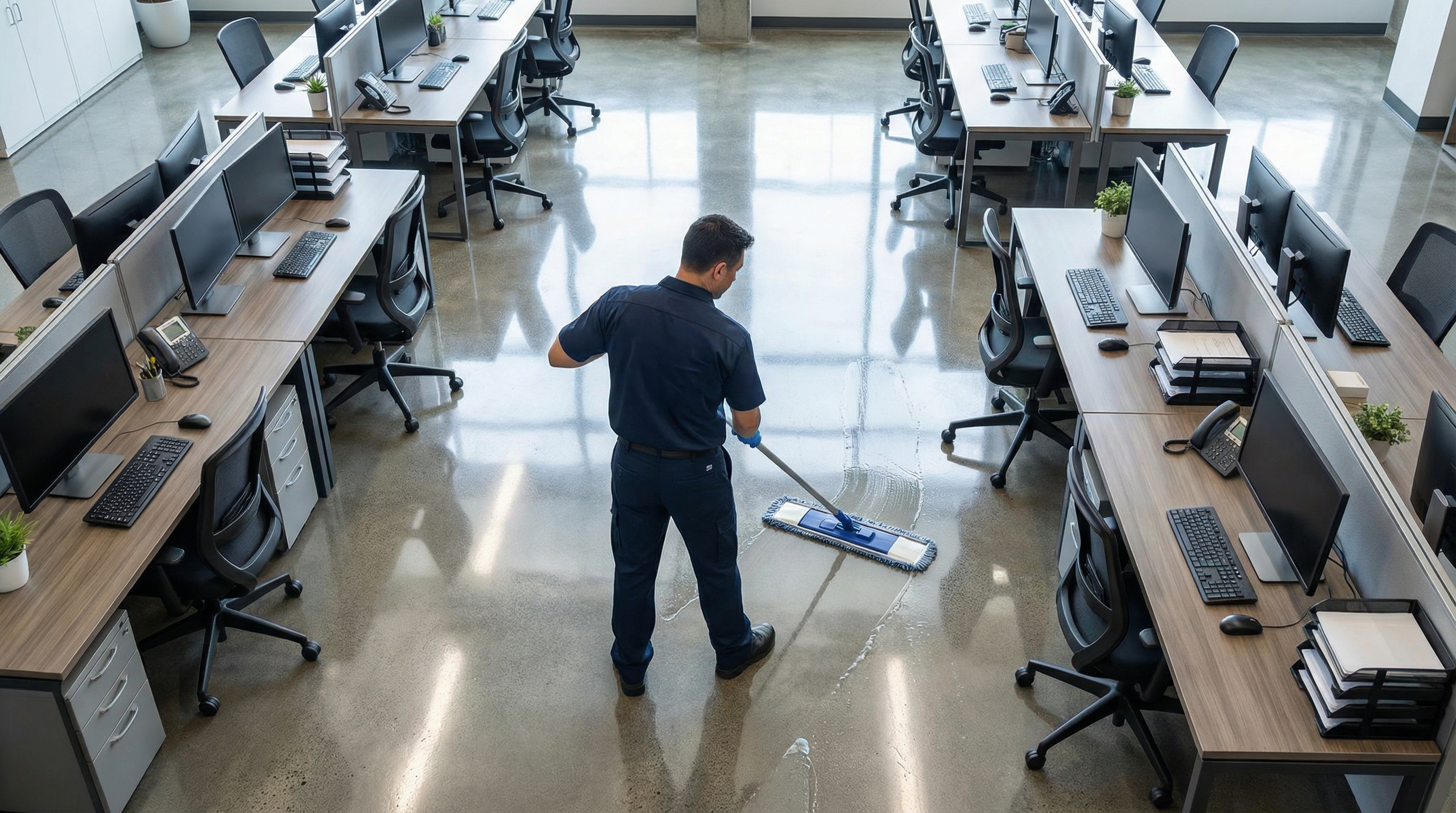 Professional office cleaning crew mopping a corporate office floor in North Jersey
